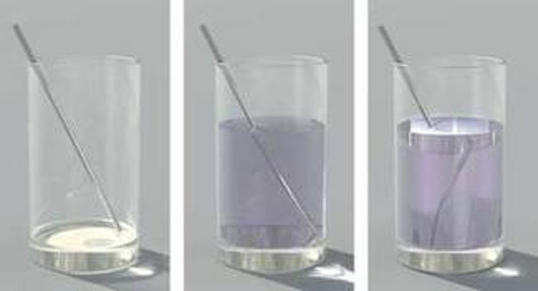 The calculated ray-tracing image of a metal rod in an empty glass (left) is compared to a metal rod in a glass of water with index of refraction n = 1.2 (center), showing ordinary refraction effects. Replacing the water by a fictitious negative-refractive-index material (right) with n = -1.2 causes unusual refraction effects.
