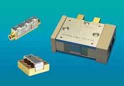 FIGURE 1. Common types of high-powered diode array packages include conductively cooled (upper left), water-cooled (lower left), and microchannel-cooled (right) heat exchangers. FIGURE 1. Common types of high-powered diode array packages include conductively cooled (upper left), water-cooled (lower left), and microchannel-cooled (right) heat exchangers.