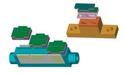 FIGURE 4. The microchannel-cooled subassembly can be mounted to a variety of supporting bases and the bases can be customized to fit the many package types already in the field. FIGURE 4. The microchannel-cooled subassembly can be mounted to a variety of supporting bases and the bases can be customized to fit the many package types already in the field.