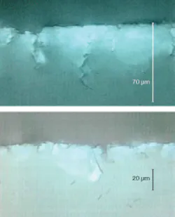 FIGURE 1. Surface quality is not a reliably predictable indicator of subsurface damage. The smoother and flatter surface in one sample (top) belies its much more extensive subsurface damage in comparison to a second sample (bottom). While some subsurface damage manifests itself as straight “pinholes” in the surface, cracks with the more characteristic “lightning bolt” shapes shown in these samples are impossible to probe visually or mechanically to their full depth. FIGURE 1. Surface quality is not a reliably predictable indicator of subsurface damage. The smoother and flatter surface in one sample (top) belies its much more extensive subsurface damage in comparison to a second sample (bottom). While some subsurface damage manifests itself as straight “pinholes” in the surface, cracks with the more characteristic “lightning bolt” shapes shown in these samples are impossible to probe visually or mechanically to their full depth.