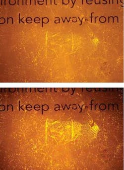 Lamp illumination is traditionally used for fingerprint detection at crime scenes (top), but laser illumination can significantly improve visibility of fingerprints (bottom). Lamp illumination is traditionally used for fingerprint detection at crime scenes (top), but laser illumination can significantly improve visibility of fingerprints (bottom).