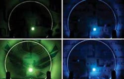 FIGURE 1. Green- and blue-emitting bioLEDS (bottom) containing a layer of salmon DNA shine more brightly and are more efficient than similar OLEDs lacking the DNA layer (top). FIGURE 1. Green- and blue-emitting bioLEDS (bottom) containing a layer of salmon DNA shine more brightly and are more efficient than similar OLEDs lacking the DNA layer (top).