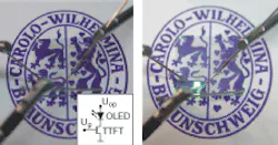 The seal of the Technical University of Braunschweig is seen through a transparent OLED device containing 10 pixels, one of them electrically connected in the power-off state (left) and switched on (right). The seal of the Technical University of Braunschweig is seen through a transparent OLED device containing 10 pixels, one of them electrically connected in the power-off state (left) and switched on (right).