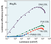 FIGURE 2. Luminous efficiency is plotted as a function of luminance for OLEDs containing various types of electron-blocking layer (EBL).The DNA-containing bioLED is more efficient than its conventional counterparts by a factor of 2 to 10. In this case, both control and DNA OLEDs also contained an electron-transport layer of aluminum tris(8-hydroxyquinoline), or Alq3.