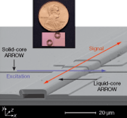 Two antiresonant reflecting optical waveguides (ARROWs), one solid and the other liquid-filled, cross on a silicon platform. The solid waveguide carries the pump light, while the other bears the analyte. The entire platform, including two ring-shaped fluid reservoirs, is smaller than a penny (inset). Two antiresonant reflecting optical waveguides (ARROWs), one solid and the other liquid-filled, cross on a silicon platform. The solid waveguide carries the pump light, while the other bears the analyte. The entire platform, including two ring-shaped fluid reservoirs, is smaller than a penny (inset).
