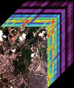 An airborne image, with its spectrum shown as a colored stack beneath each pixel, creates a three-dimensional image cube that emphasizes the spectral nature of the data.