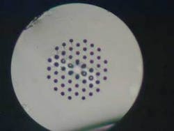 Four holes adjacent to a solid core in a microstructured fiber are filled with glue. Four holes adjacent to a solid core in a microstructured fiber are filled with glue.