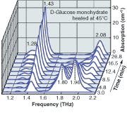 FIGURE 2. In time-dependant morphing of the terahertz spectra for the transition between D-glucose monohydrate and anhydrous D-glucose, the distinct change in absorption peaks is due to the reduction of D-glucose monohydrate and increase of anhydrous D-glucose during the dehydration from continuous heating. FIGURE 2. In time-dependant morphing of the terahertz spectra for the transition between D-glucose monohydrate and anhydrous D-glucose, the distinct change in absorption peaks is due to the reduction of D-glucose monohydrate and increase of anhydrous D-glucose during the dehydration from continuous heating.