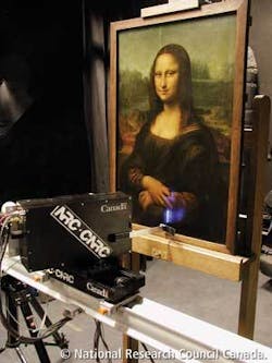 A high-resolution 3-D color laser scanner mounted on a translation stage scans the Mona Lisa. A high-resolution 3-D color laser scanner mounted on a translation stage scans the Mona Lisa.
