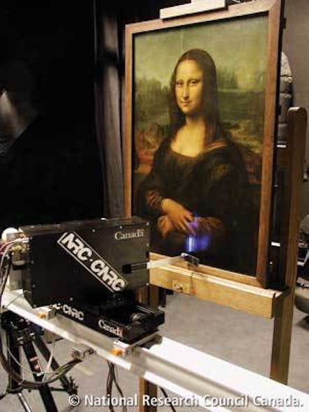 A high-resolution 3-D color laser scanner mounted on a translation stage scans the Mona Lisa.