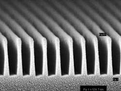 FIGURE 1. A one-dimensional subwavelength structure designed for phase management is shown in a SEM image. This high-aspect-ratio dielectric grating structure acts as a waveplate. FIGURE 1. A one-dimensional subwavelength structure designed for phase management is shown in a SEM image. This high-aspect-ratio dielectric grating structure acts as a waveplate.