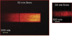 FIGURE 8. Lines and spaces 50 and 38 nm wide are imaged with a tabletop optical system based on a 13 nm wavelength. The high modulation of 70% for the 38 nm lines indicates that even smaller features can be resolved.