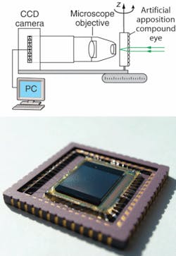 In an experimental setup for position detection using hyperacuity (top), a point source at infinity or on an edge at a finite distance is used as the object within the field of view of an artificial apposition compound eye (APCO; bottom). Rotating the ensemble of the APCO, the microscope objective, and the CCD camera simulates object movement.