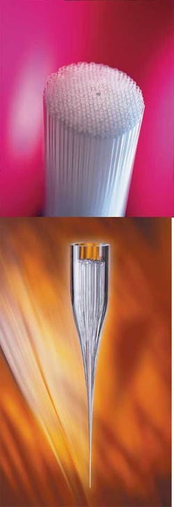 FIGURE 2. Stages of microstructure-fiber fabrication include the creation of a capillary or tubing stack prior to insertion into the substrate tube (top). This microstructure preform is then drawn down to the desired physical dimension (bottom). FIGURE 2. Stages of microstructure-fiber fabrication include the creation of a capillary or tubing stack prior to insertion into the substrate tube (top). This microstructure preform is then drawn down to the desired physical dimension (bottom).