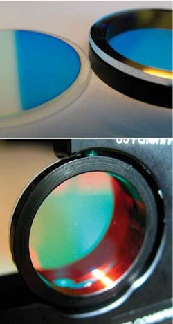 FIGURE 1. Dichroic filters (top) are shown with (right) and without (left) a retainer ring. A dichroic filter with a retainer ring is held in an optical mount (bottom). FIGURE 1. Dichroic filters (top) are shown with (right) and without (left) a retainer ring. A dichroic filter with a retainer ring is held in an optical mount (bottom).