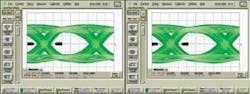 FIGURE 1. A comparison of 10 Gbit/s eye diagrams for receivers built with a Ge detector (left) and GaAs detector (right) shows virtually identical performance. FIGURE 1. A comparison of 10 Gbit/s eye diagrams for receivers built with a Ge detector (left) and GaAs detector (right) shows virtually identical performance.