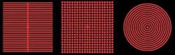 FIGURE 4. Diffractive optical elements (DOEs) can be used to create laser projection patterns such as crosses, circles, dot matrices, multilines, and grids. FIGURE 4. Diffractive optical elements (DOEs) can be used to create laser projection patterns such as crosses, circles, dot matrices, multilines, and grids.