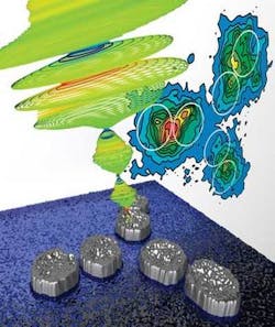 In this representation, a polarization-shaped laser pulse interacts with a nanostructure, leading to two-photon photoemission. In this representation, a polarization-shaped laser pulse interacts with a nanostructure, leading to two-photon photoemission.