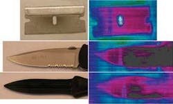 Three potential weapons-a razor blade, a serrated metal knife, and a fiberglass knife-are imaged out in the open in visible light (left, top to bottom) and at terahertz wavelengths while concealed in Tyvek envelopes (right, top to bottom). The terahertz radiation was supplied by an all-fiber MOFA source combined with a ZGP nonlinear optical crystal. Background images were subtracted from the signal image and the data was integrated over eight frames. Three potential weapons-a razor blade, a serrated metal knife, and a fiberglass knife-are imaged out in the open in visible light (left, top to bottom) and at terahertz wavelengths while concealed in Tyvek envelopes (right, top to bottom). The terahertz radiation was supplied by an all-fiber MOFA source combined with a ZGP nonlinear optical crystal. Background images were subtracted from the signal image and the data was integrated over eight frames.