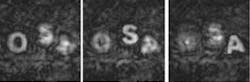 FIGURE 1. In a demonstration of FINCH, three white-on-black letters are positioned at different physical locations from the nonscanning optical setup. A sequential series of three holograms-each using a different phase constant of a diffractive optical element-are recorded to produce an image of the 3-D object in three different image planes, each corresponding to the optimum focus of the individual letters. FIGURE 1. In a demonstration of FINCH, three white-on-black letters are positioned at different physical locations from the nonscanning optical setup. A sequential series of three holograms-each using a different phase constant of a diffractive optical element-are recorded to produce an image of the 3-D object in three different image planes, each corresponding to the optimum focus of the individual letters.