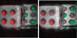 FIGURE 2. To demonstrate refl ected-light and fl uorescence-light holography, two dice are positioned at different physical locations from the FINCH setup and illuminated with blue light. Holograms for each emission color are recorded by the FINCH technique and combined to produce an image of the 3-D object. FIGURE 2. To demonstrate refl ected-light and fl uorescence-light holography, two dice are positioned at different physical locations from the FINCH setup and illuminated with blue light. Holograms for each emission color are recorded by the FINCH technique and combined to produce an image of the 3-D object.