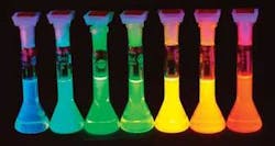 FIGURE 2. Quantum dots of cadmium sulfide in solution fluoresce brightly under ultraviolet light. The wavelength depends on dot size; the smaller the dot, the shorter the wavelength. FIGURE 2. Quantum dots of cadmium sulfide in solution fluoresce brightly under ultraviolet light. The wavelength depends on dot size; the smaller the dot, the shorter the wavelength.