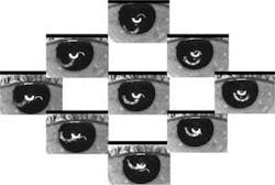 FIGURE 3. Purkinje images at each of nine different fixation points of the eye show the relative position of the PI, PIII, and PIV semicircular interface reflections, revealing information about misalignments within the eye. FIGURE 3. Purkinje images at each of nine different fixation points of the eye show the relative position of the PI, PIII, and PIV semicircular interface reflections, revealing information about misalignments within the eye.