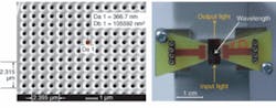 A lithium niobate photonic-crystal structure consists of 367 nm holes in a square lattice with a period of 766 nm (left). The structure, which slows 1550 nm light, intensifying the nonlinear Pockels effect, lies within a waveguide sandwiched between two electrodes (right).