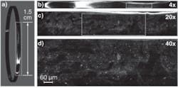 A section of swine intestinal tissue is displayed at 1× (a), 4× (b), 20× (c), and 40× (d) magnification levels using a spectrally encoded confocal-microscopy technique. Dotted rectangles in each image represent the zoomed regions of interest. This technique can image a 4 × 4 cm subsurface tissue area with a transverse resolution of 2.1 µm in less than one minute. A section of swine intestinal tissue is displayed at 1× (a), 4× (b), 20× (c), and 40× (d) magnification levels using a spectrally encoded confocal-microscopy technique. Dotted rectangles in each image represent the zoomed regions of interest. This technique can image a 4 × 4 cm subsurface tissue area with a transverse resolution of 2.1 µm in less than one minute.