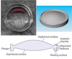 FIGURE 1. A polymer imaging lens (top, right, model view; bottom, cross-sectional view) has two aspherical surfaces and a flange with alignment features. The fabricated lens (top, left) has an antireflective coating applied to both optical surfaces.