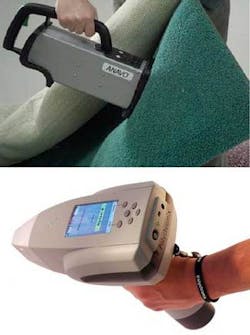 FIGURE 1. Several companies now offer handheld, battery-operated “point and shoot” NIR spectrometers for field-based materials-analysis applications such as carpet recycling. Axsun’s Anavo (top) utilizes a tunable diode laser, while Polychromix’s Phazir (bottom) uses a tungsten lightbulb. Both rely on proprietary MEMS switching technology to create the compact yet robust devices. FIGURE 1. Several companies now offer handheld, battery-operated “point and shoot” NIR spectrometers for field-based materials-analysis applications such as carpet recycling. Axsun’s Anavo (top) utilizes a tunable diode laser, while Polychromix’s Phazir (bottom) uses a tungsten lightbulb. Both rely on proprietary MEMS switching technology to create the compact yet robust devices.