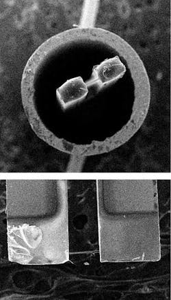 A commercially available quartz tuning fork in an opened electronic-component “can” is spanned by a polymer wire that serves as a thermal-sensing element (top). The wire is a mere quarter of a millimeter long (bottom). A commercially available quartz tuning fork in an opened electronic-component “can” is spanned by a polymer wire that serves as a thermal-sensing element (top). The wire is a mere quarter of a millimeter long (bottom).