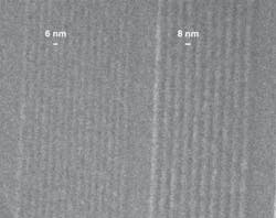 FIGURE 1. Nanoimprint lithography is a mechanical process that can pattern very-high-resolution nanometer-scale features-in this case, 6 nm line and 12 nm pitch-onto thermoplastic substrates. FIGURE 1. Nanoimprint lithography is a mechanical process that can pattern very-high-resolution nanometer-scale features-in this case, 6 nm line and 12 nm pitch-onto thermoplastic substrates.