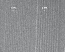 FIGURE 1. Nanoimprint lithography is a mechanical process that can pattern very-high-resolution nanometer-scale features-in this case, 6 nm line and 12 nm pitch-onto thermoplastic substrates.