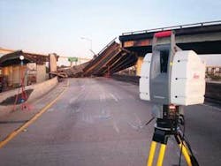 A laser scanner characterizes the collapsed state of a major overpass near San Francisco. A laser scanner characterizes the collapsed state of a major overpass near San Francisco.