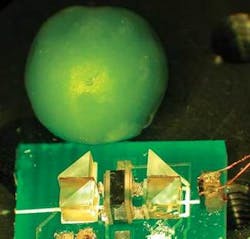 A microfabricated laser-Doppler system (shown next to a green pea for size reference) provides a stable optical frequency by locking a single-mode diode laser to an atomic transition in rubidium or cesium atoms. The device is potentially useful for applications ranging from atomic-physics research to diode-laser stabilization. A microfabricated laser-Doppler system (shown next to a green pea for size reference) provides a stable optical frequency by locking a single-mode diode laser to an atomic transition in rubidium or cesium atoms. The device is potentially useful for applications ranging from atomic-physics research to diode-laser stabilization.