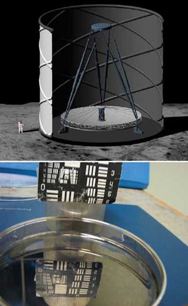 A 20 m liquid mirror could be used in a telescope on the moon that would be able to observe objects 100 to 1000 times fainter than the proposed James Webb Space Telescope. The secondary mirror would be erected by extending the six telescoping legs. The sunshield would be an inflated tube, while the scientific instruments would be positioned below the bearing pier, shielded by lunar soil (top; illustrated by Tom Connors, University of Arizona). A dish of an ionic liquid ECOENG 212 supports a liquid coating of silver, an essential step toward a lunar-based liquid mirror (bottom). Such a mirror would be coated after installation on the moon.