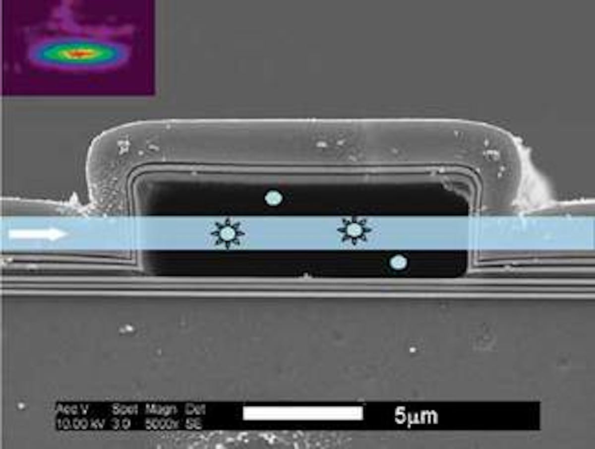 A hollow ARROW waveguide on a silicon chip is seen in cross section; the pale-blue swath represents the path of an intersecting light beam that causes biological nanoparticles within the liquid-filled waveguide to fluoresce. The actual excitation volume is depicted in false color (inset).