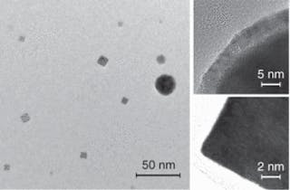 FIGURE 2. Three high-resolution transmission-electron-microscopy (TEM) images show nanoparticles collected during ablation of nickel in an oxygen atmosphere. The larger, circular particles are nickel with a nickel oxide shell, while the smaller cubic particles are crystallized nickel oxide.
