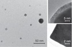 FIGURE 2. Three high-resolution transmission-electron-microscopy (TEM) images show nanoparticles collected during ablation of nickel in an oxygen atmosphere. The larger, circular particles are nickel with a nickel oxide shell, while the smaller cubic particles are crystallized nickel oxide. FIGURE 2. Three high-resolution transmission-electron-microscopy (TEM) images show nanoparticles collected during ablation of nickel in an oxygen atmosphere. The larger, circular particles are nickel with a nickel oxide shell, while the smaller cubic particles are crystallized nickel oxide.