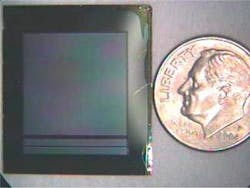 FIGURE 1. Designed for use in flash-ladar systems, a new type of large-format avalanche photodiode array measuring 256 × 256 pixels (1.5 cm2) overcomes manufacturing issues that caused shifts in operating voltage. FIGURE 1. Designed for use in flash-ladar systems, a new type of large-format avalanche photodiode array measuring 256 × 256 pixels (1.5 cm2) overcomes manufacturing issues that caused shifts in operating voltage.