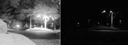 FIGURE 3. A nighttime lamppost scene is imaged with a visible camera (right). The image accurately represents how the scene looks with the unaided eye. When imaged with an InGaAs SWIR camera with advanced image-enhancement algorithms, the scene shows more information (left). The dark line across the image is an electrical power cable.