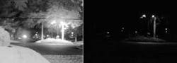 FIGURE 3. A nighttime lamppost scene is imaged with a visible camera (right). The image accurately represents how the scene looks with the unaided eye. When imaged with an InGaAs SWIR camera with advanced image-enhancement algorithms, the scene shows more information (left). The dark line across the image is an electrical power cable. FIGURE 3. A nighttime lamppost scene is imaged with a visible camera (right). The image accurately represents how the scene looks with the unaided eye. When imaged with an InGaAs SWIR camera with advanced image-enhancement algorithms, the scene shows more information (left). The dark line across the image is an electrical power cable.