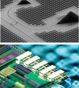 Monolithic chip manufacturing promises to make 40 Gbit/s optical active cables affordable for up to 300 m transmission. Direct mounting of optical fibers to the top of the chip (top) enables flip-chip-mounted lasers (bottom).
