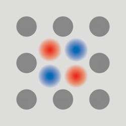 FIGURE 1. One possible field, a quadrupole, is shown in a photonic-crystal nanocavity. The nanocavity itself is a “defect,” which is missing a hole like those in the surrounding layer. The red and blue colors show electric and magnetic fields in the cavity. The cavity, including the holes, is the width of a wavelength of the emitted light in the material. FIGURE 1. One possible field, a quadrupole, is shown in a photonic-crystal nanocavity. The nanocavity itself is a “defect,” which is missing a hole like those in the surrounding layer. The red and blue colors show electric and magnetic fields in the cavity. The cavity, including the holes, is the width of a wavelength of the emitted light in the material.