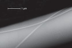 FIGURE 1. Two nanowires with radii of 30 and 50 nm manufactured from standard telecom optical fibers (around which they are entwined) are shown in a scanning-electron micrograph. FIGURE 1. Two nanowires with radii of 30 and 50 nm manufactured from standard telecom optical fibers (around which they are entwined) are shown in a scanning-electron micrograph.