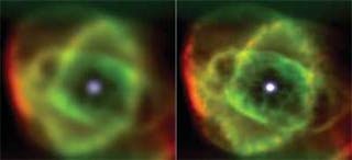 False-light images of the Cat&rsquo;s Eye Nebula (NGC 6543) taken using the Palomar 200 in. telescope in the visible (left) are lower resolution than those taken with the LuckyCam attached to Palomar&rsquo;s adaptive-optics system (right). These images cover 10 &times; 10 arcsec, smaller than the width of a human hair held at arm&rsquo;s length. Green light is oxygen emission at 500 nm, red is hydrogen emission at 660 nm, and blue is near-IR radiation between 750 and 850 nm.