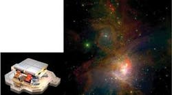 FIGURE 1. The Orion Nebula was imaged with the WIRCam (Wide Field Infrared Camera) of the 3.6 m Canada-France-Hawaii Telescope in Hawaii. WIRCam is based on a 4096 &times; 4096-pixel mosaic of four H2RG short-wave (1 to 2.5 &micro;m) sensors (inset). Most of the red stars in this image were first observed with the advent of IR cameras.