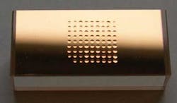 FIGURE 3. Surface-plasmon-resonance systems depend on a sensor such as the SPRi-Biochip from GenOptics, spotted with antibodies. FIGURE 3. Surface-plasmon-resonance systems depend on a sensor such as the SPRi-Biochip from GenOptics, spotted with antibodies.