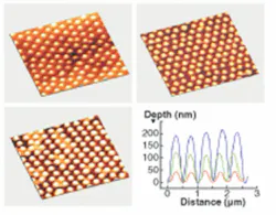 “Nipple” arrays that simulate the surface of antireflective moth eyes can be fabricated from a molding process that starts with the self-assembly of spherical silica particles in a polymer suspension. Atomic-force-microscope images show the shape of the arrays based upon different reactive-ion etch times for the molded replicas; specifically, 0 seconds (top left), 20 seconds (top right), and 45 seconds (bottom left). The depth profiles for the nipple arrays vary considerably (bottom right), and determine the reflectivity of the resultant moth-eye antireflection coating.